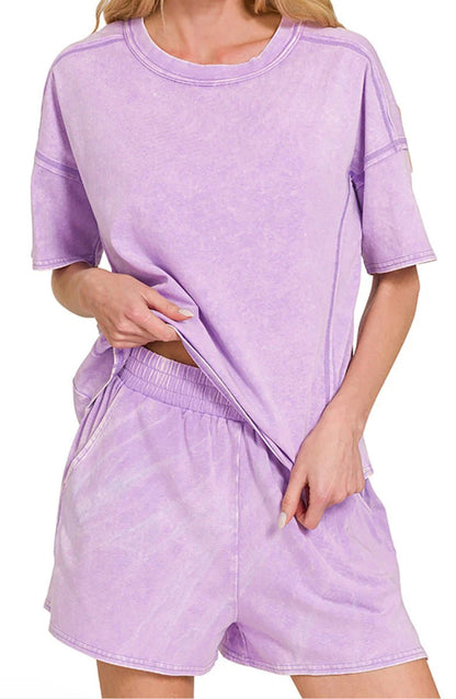 ZENANA ACID WASHED SHORT SLEEVE TEE & SHORTS SET *Multiple Colors