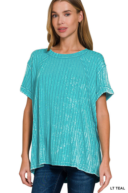 ZENANA ACID WASHED RIBBED SHORT SLEEVE BOAT-NECK TOP **multiple colors