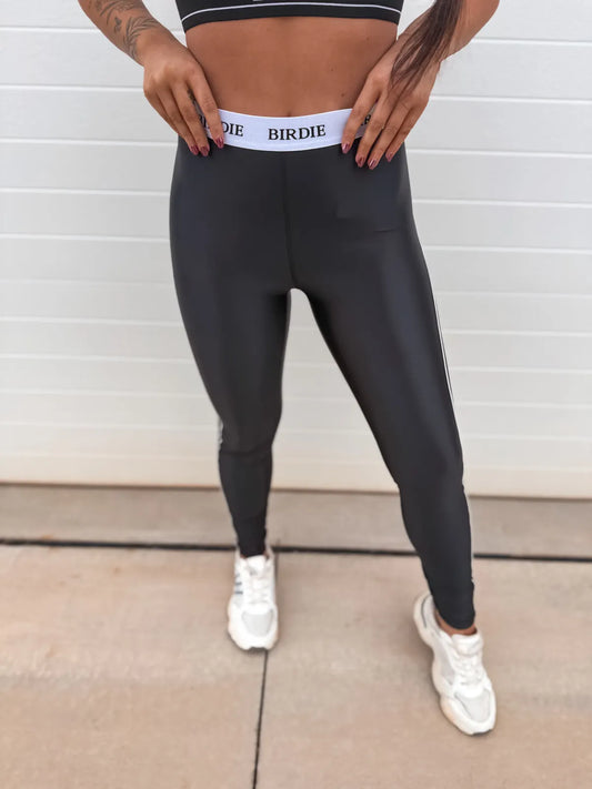 BIRDIE Gloss Stripe Performance Leggings in Black- Pre Order