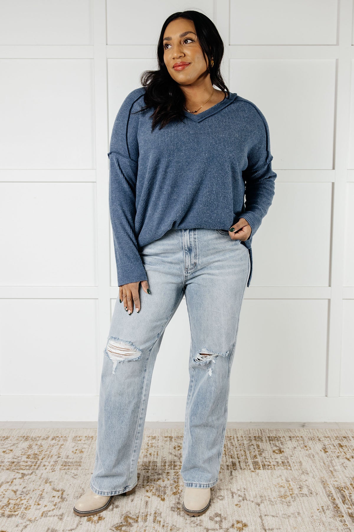 ONLINE EXCLUSIVE BASICALLY FREEZING BRUSHED HACCI TOP IN DUSTY BLUE