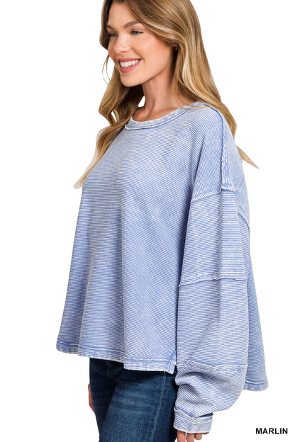 ACID WASHED DOUBLE RIBBED EXPOSED SLIGHTLY CROPPED PULLOVER* Multiple Colors