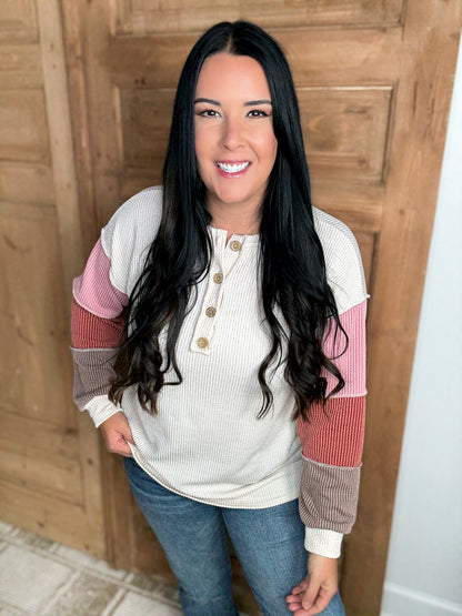 *DOORBUSTER RIBBED COLOR BLOCK SLEEVE TOP