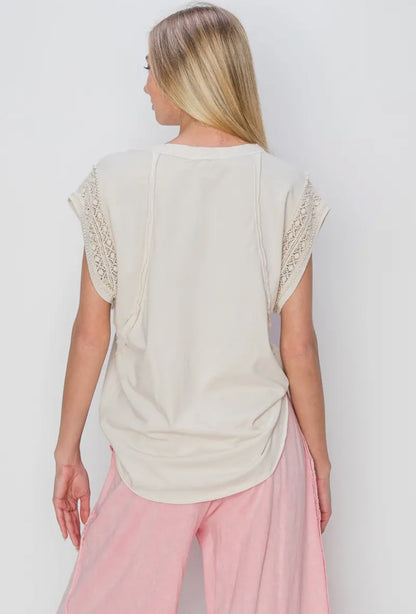 J.HER MINERALWASH TRIM CAP SLEEVE BLOUSE VINTAGE NATURAL