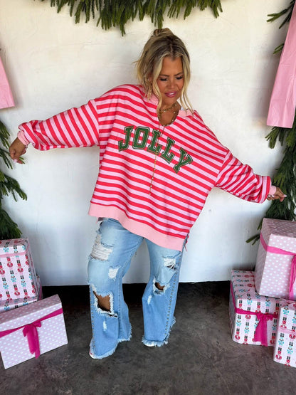 PREORDER- JOLLY & MERRY OVERSIZED PULLOVER (Red & Pink)