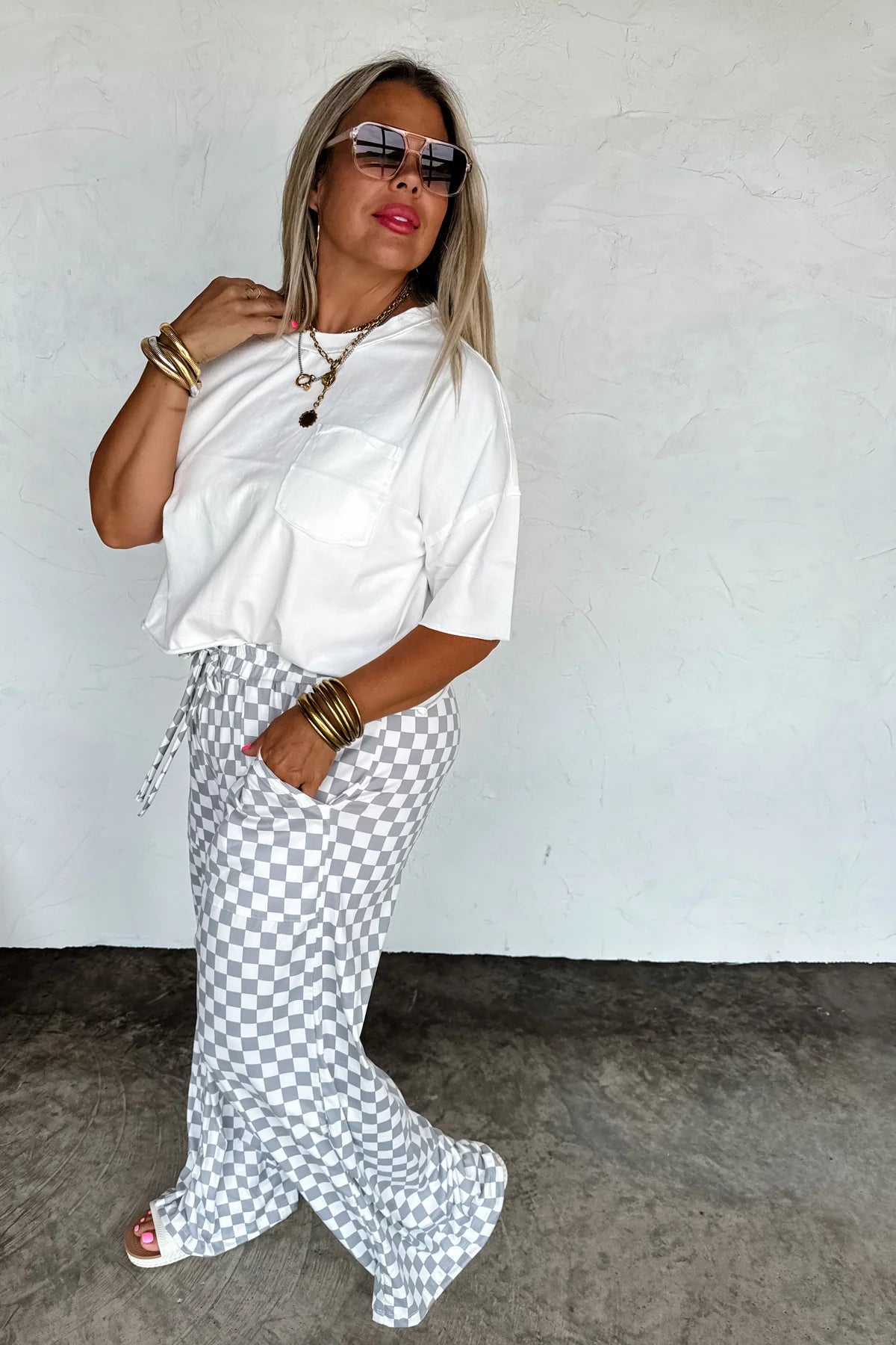HADDIE WIDE LEG CHECKER PANTS