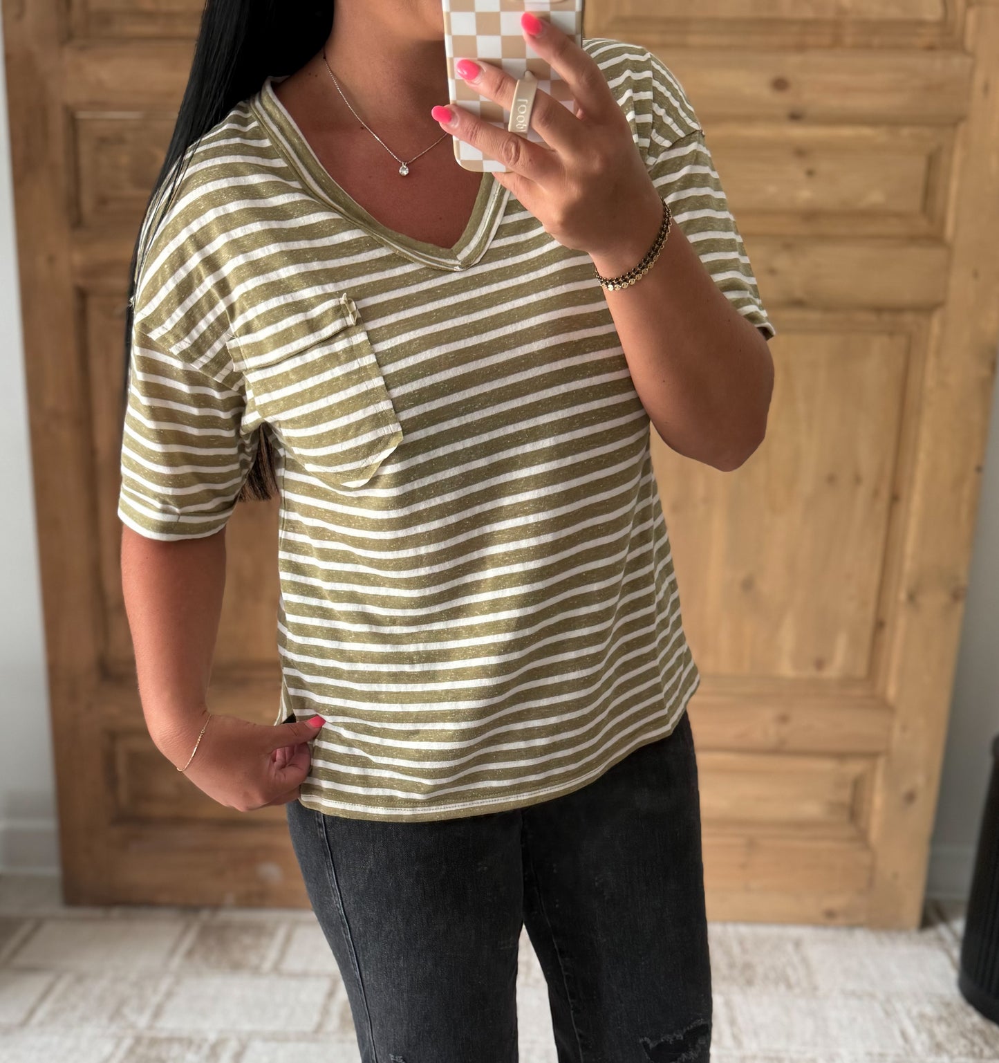 STRIPED SOFT RELAXED TOP-Olive