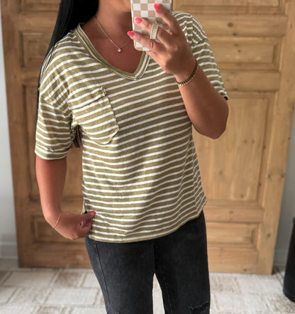 STRIPED SOFT RELAXED TOP-Olive