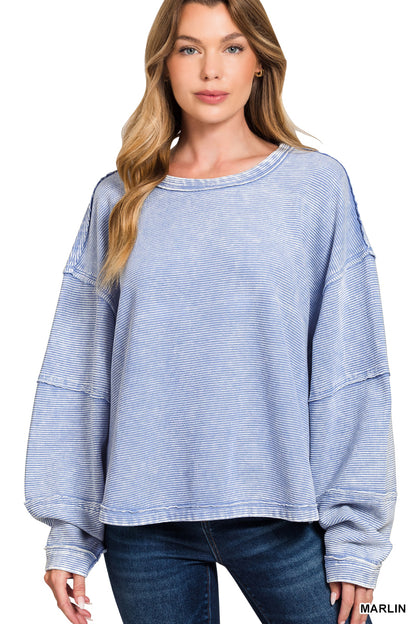 ACID WASHED DOUBLE RIBBED EXPOSED SLIGHTLY CROPPED PULLOVER* Multiple Colors