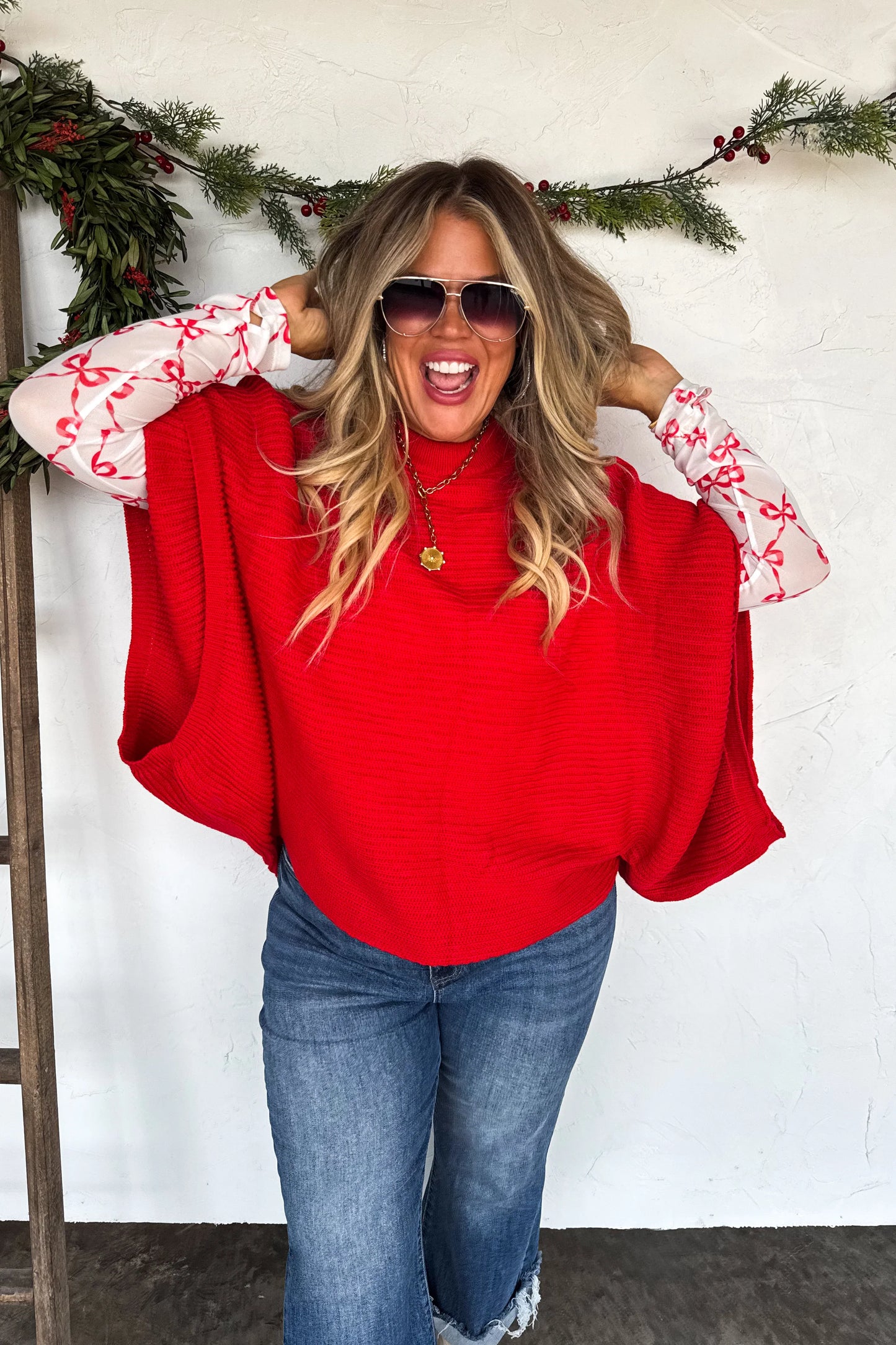 CHRISTMAS MEG PULLOVER PONCHO-Red