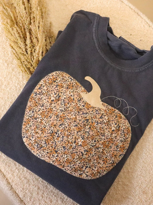 FLORAL EMBROIDERED PUMPKIN T-SHIRT- DENIM