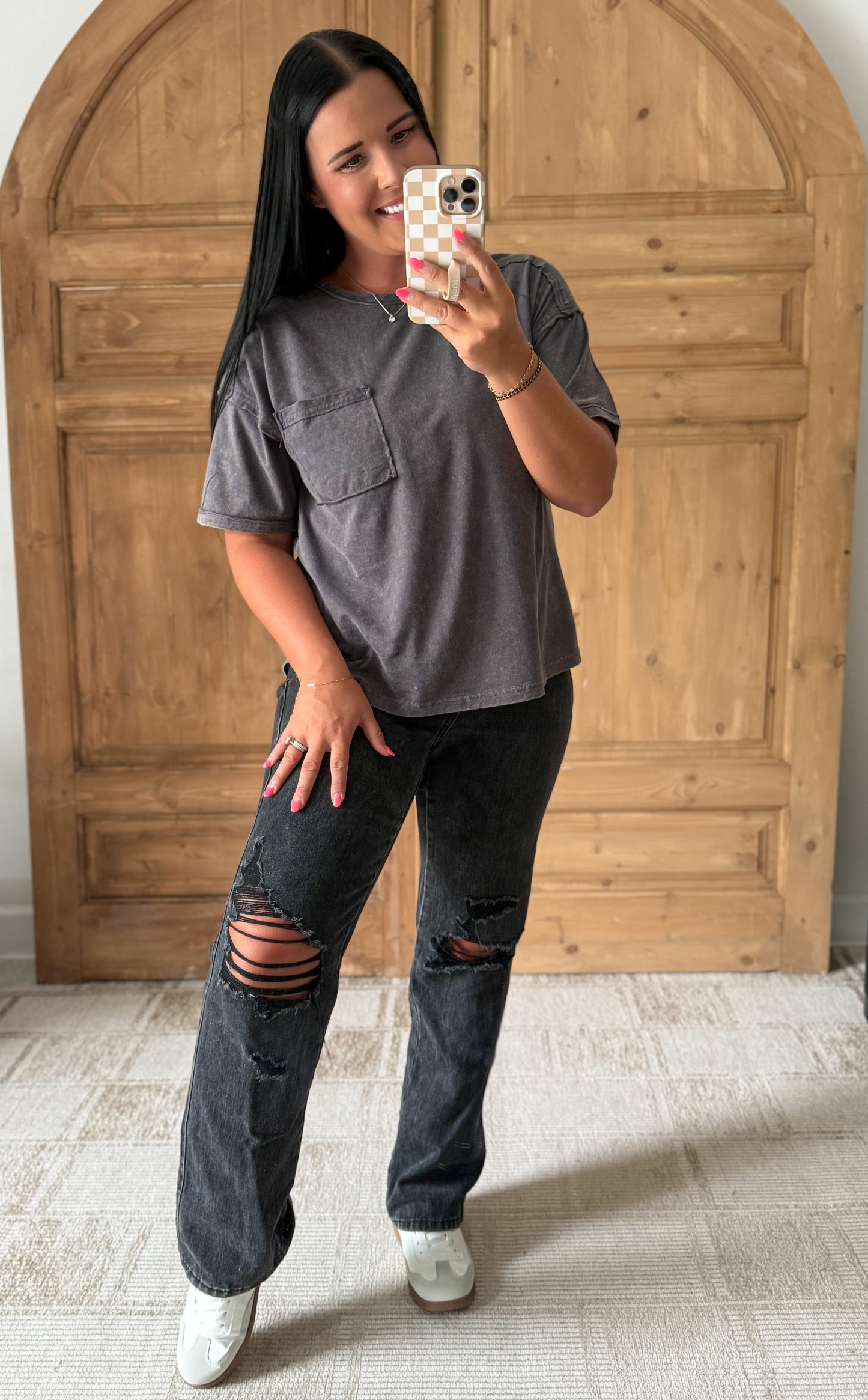 MINERAL WASHED POCKET TOP-Charcoal