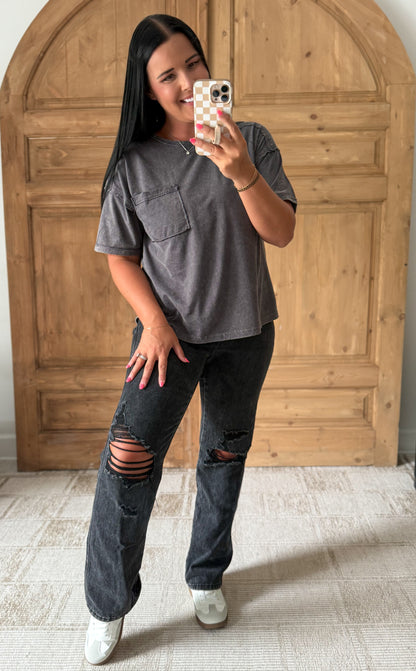 MINERAL WASHED POCKET TOP-Charcoal