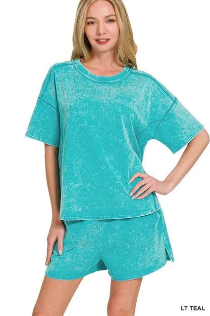 ZENANA ACID WASHED SHORT SLEEVE TEE & SHORTS SET *Multiple Colors