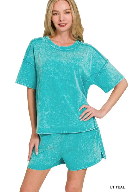 ZENANA ACID WASHED SHORT SLEEVE TEE & SHORTS SET *Multiple Colors