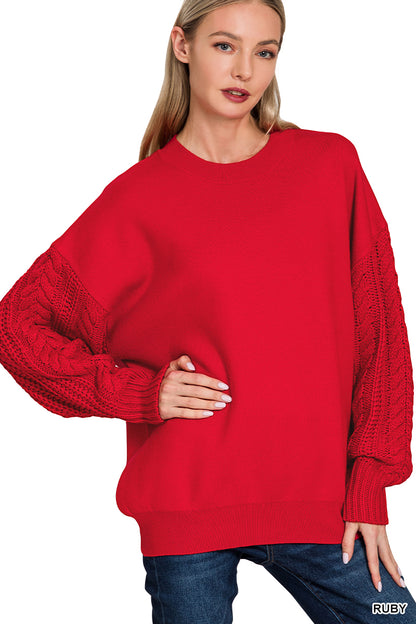 CABLE KNIT SLEEVE ROUND NECK SOFT SWEATER** Multiple Colors
