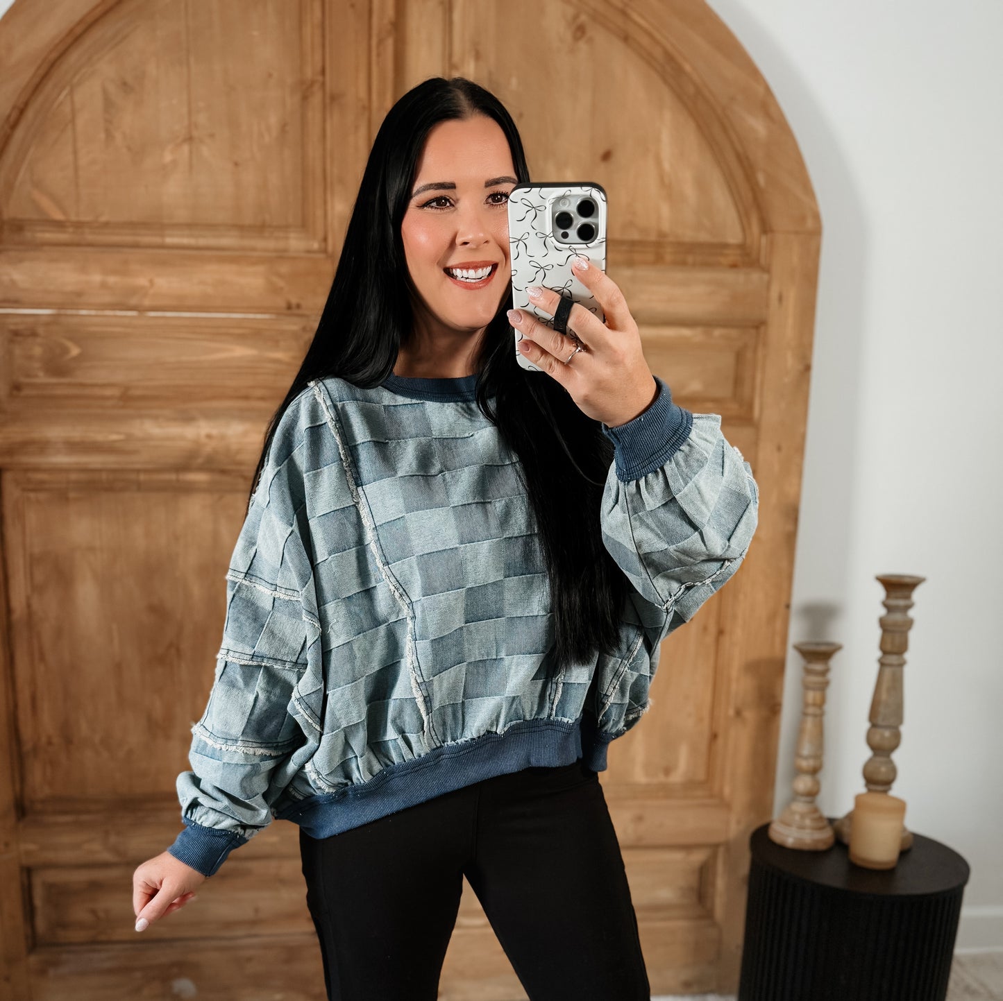 CHECKERED DENIM PUFF SLEEVE OVERSIZED TOP