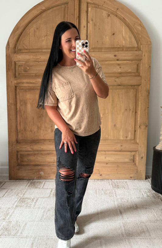 MINERAL WASHED POCKET TOP-Mocha