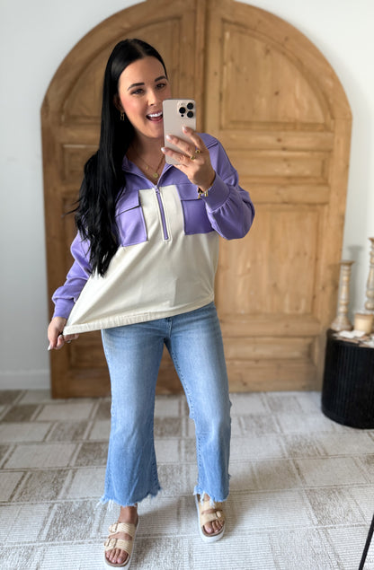 LONG SLEEVE COLOR BLOCK POCKETED LAVENDER KINT PULLOVER