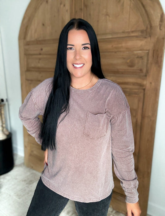 OVERSIZED WASHED POCKET LONG SLEEVE TOP- Chestnut Brown
