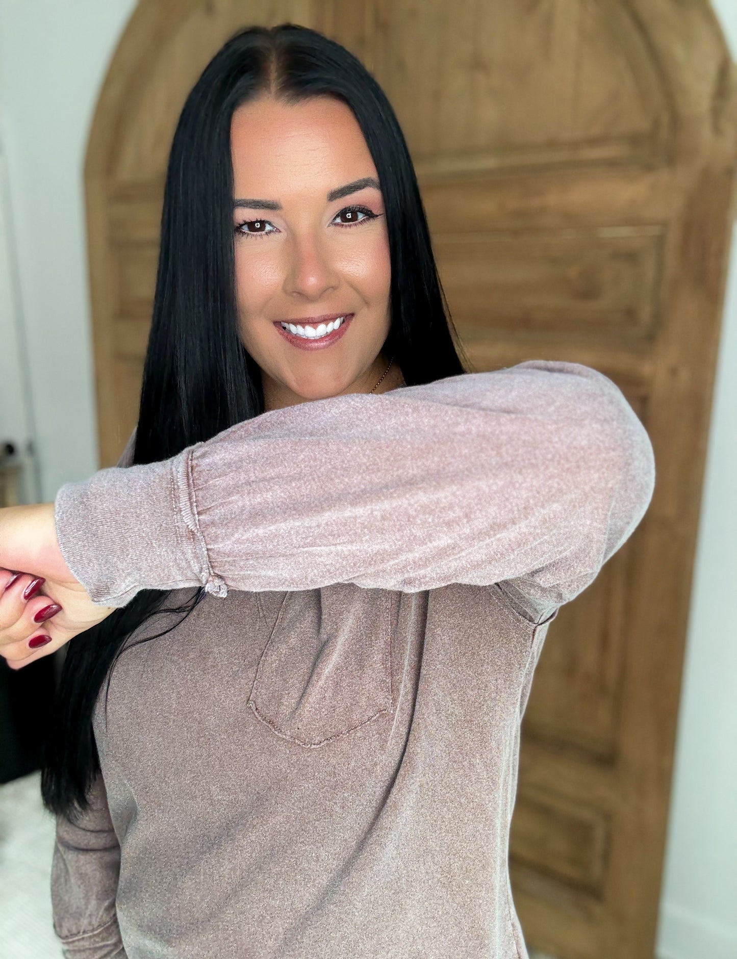 OVERSIZED WASHED POCKET LONG SLEEVE TOP- Chestnut Brown