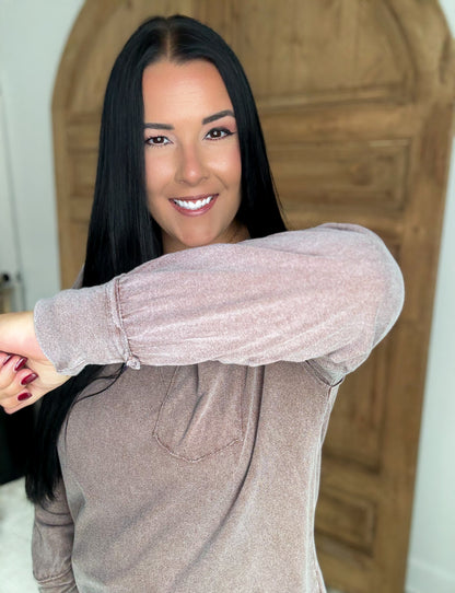 OVERSIZED WASHED POCKET LONG SLEEVE TOP- Chestnut Brown