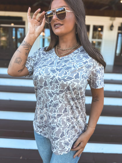 BIRDIE Soft Style V Neck Pocket Tee in Duck Camo