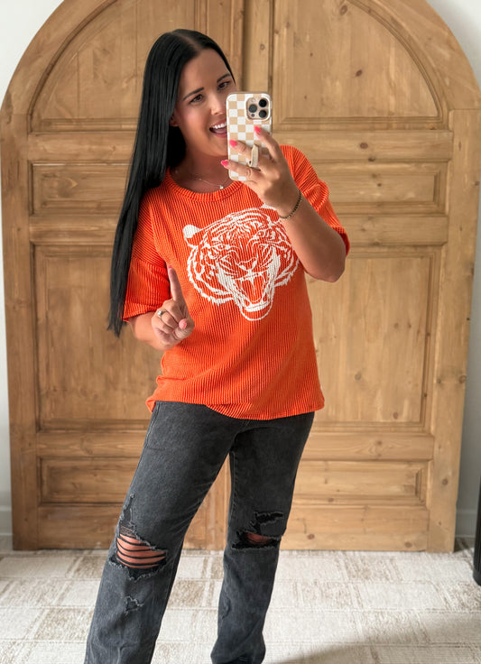 TIGER RIBBED TOP-ORANGE