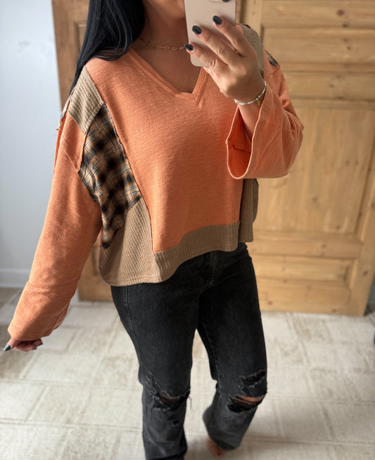 POL V-Neck Long Sleeve Plaid Contrast Top with Texture Knit Detail