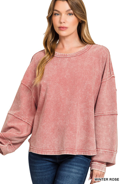 ACID WASHED DOUBLE RIBBED EXPOSED SLIGHTLY CROPPED PULLOVER* Multiple Colors
