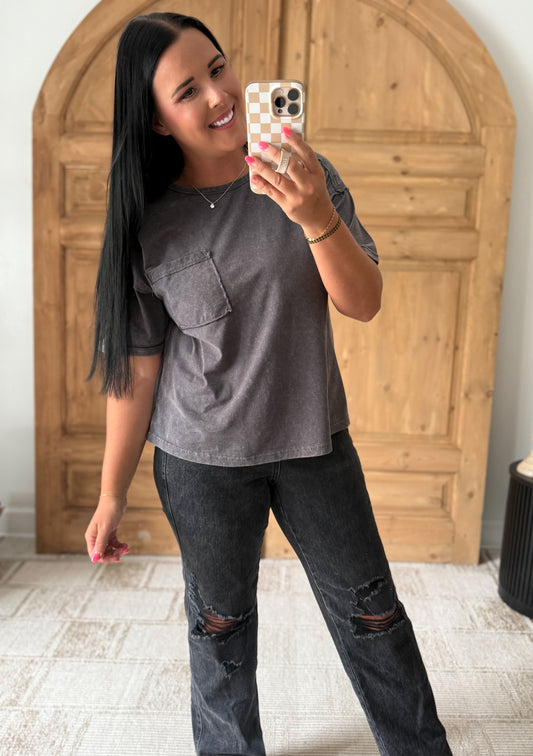 MINERAL WASHED POCKET TOP-Charcoal