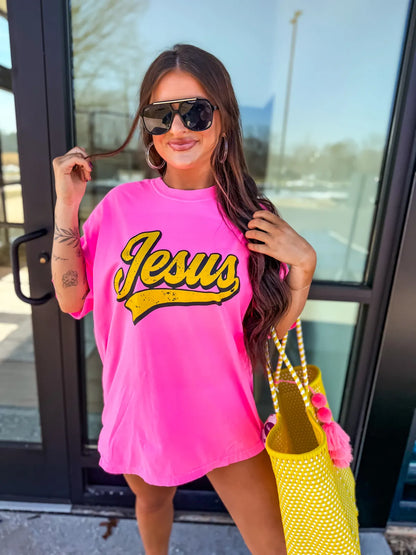 Neon Jesus Graphic Tee on Neon Pink