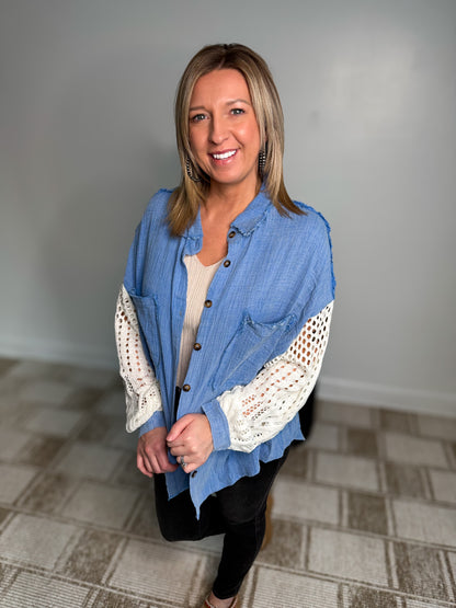 POL: GAUZE BUTTON DOWN SHACKET WITH SWEATER SLEEVE DETAIL-ULTRAMARINE
