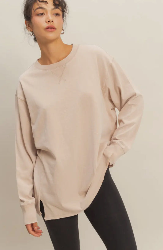 MINERAL WASHED DROP SLEEVE OVERSIZED LONG SLEEVE- Taupe