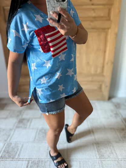 BiBi Star Print Sequin V-Neck Short Sleeve T-Shirt
