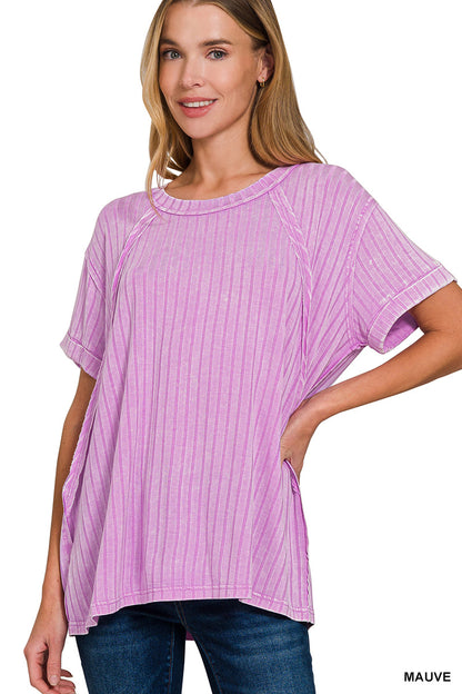 ZENANA ACID WASHED RIBBED SHORT SLEEVE BOAT-NECK TOP **multiple colors