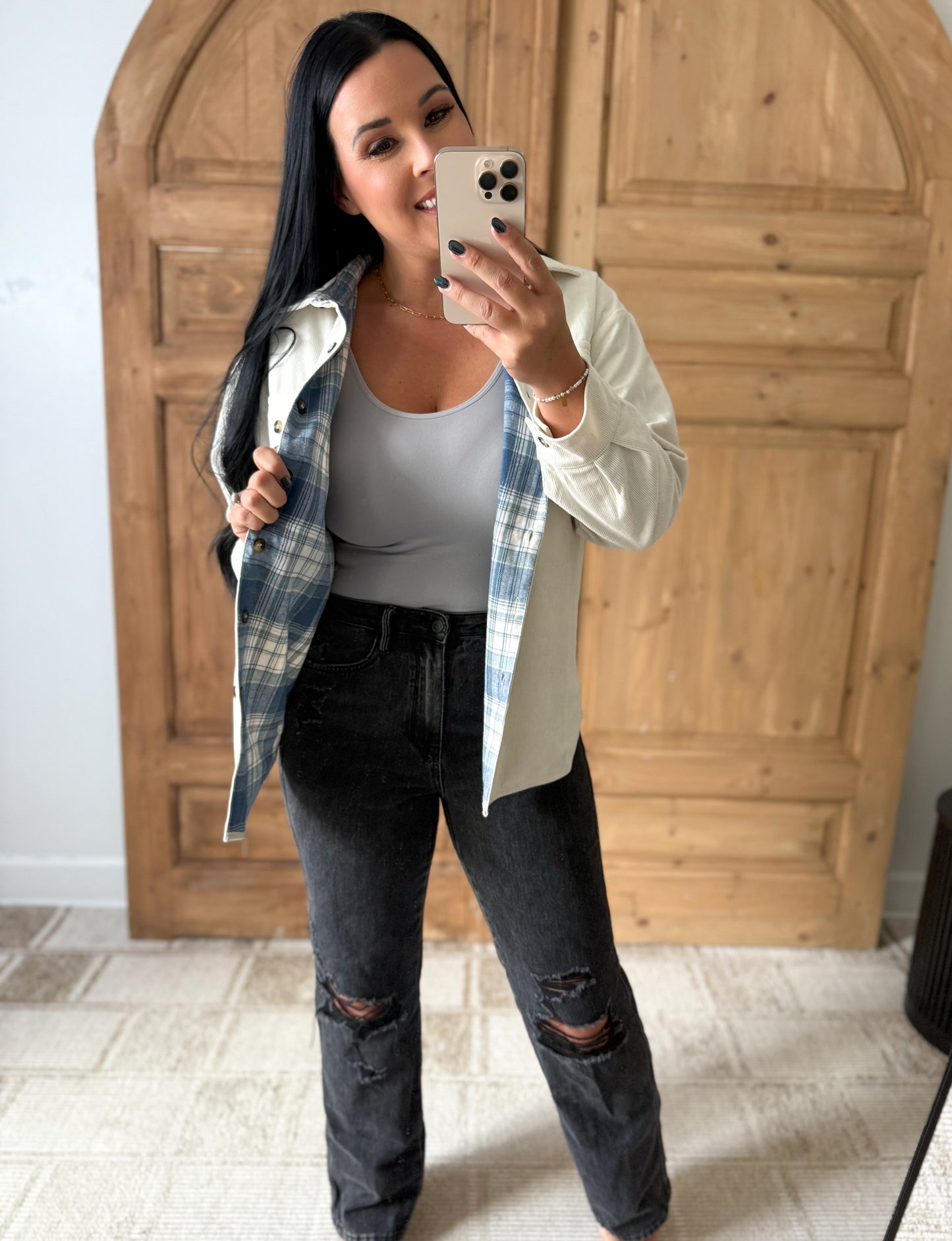 Reversible Corduroy and Plaid Button Down Shirt Jacket
