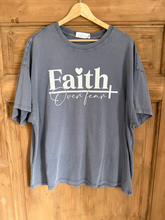 FAITH OVER FEAR OVERSIZED MINERAL WASHED CREW TEE- DENIM BLUE