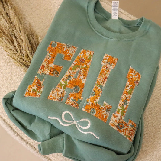 FALL PUMPKIN BOW COQUETTE EMBROIDERED CREWNECK SWEATSHIRT