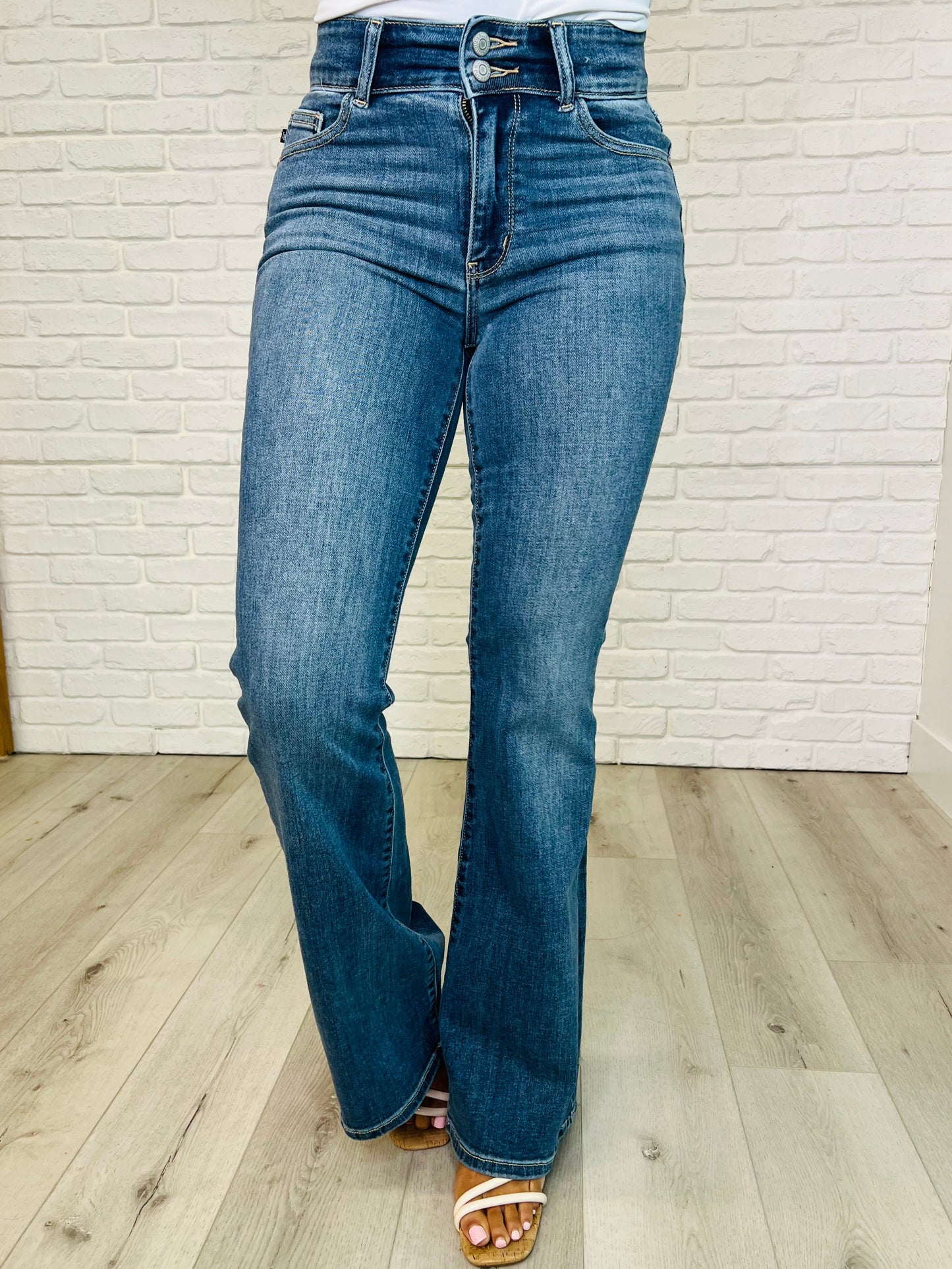 AIRANA HIGH RISE DOUBLE BUTTON WAISTBAND FLARE JEANS- JUDY BLUE