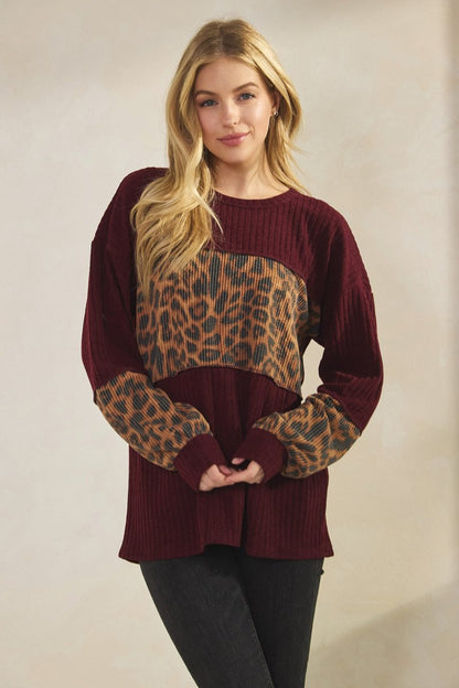 LEOPARD RIBBED RELAXED FIT TOP