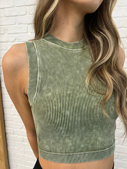 OVER AND CROPPED RIBBED TANK IN ASH OLIVE