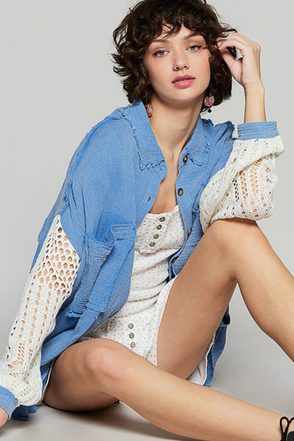 POL: GAUZE BUTTON DOWN SHACKET WITH SWEATER SLEEVE DETAIL-ULTRAMARINE