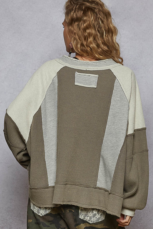 POL RESTING HEATHER GREY WAFFLE KNIT TOP