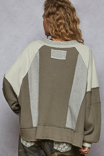 POL RESTING HEATHER GREY WAFFLE KNIT TOP