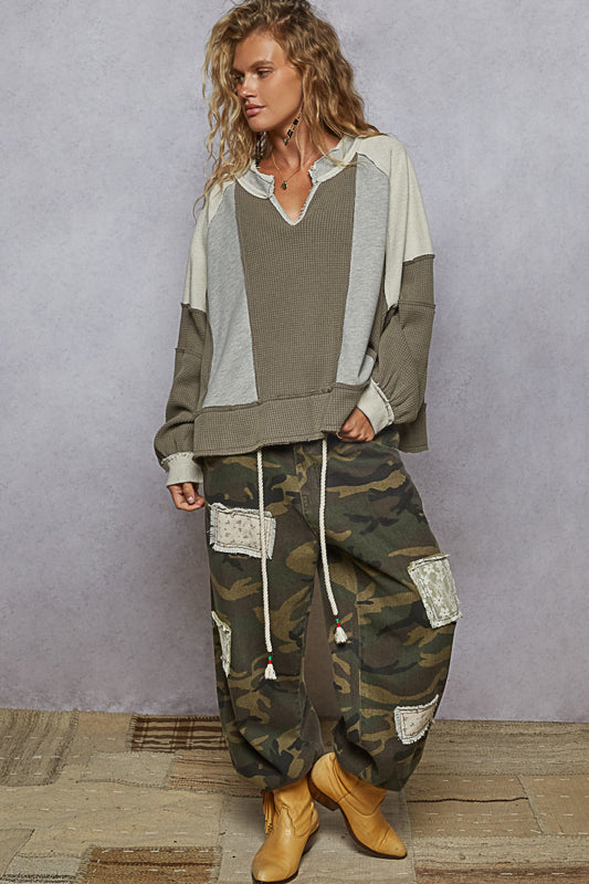 POL RESTING HEATHER GREY WAFFLE KNIT TOP
