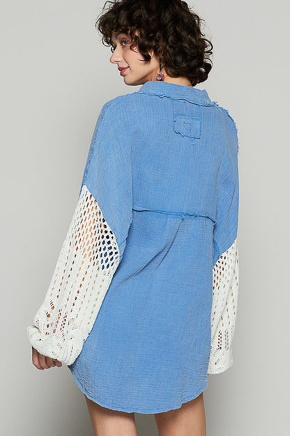 POL: GAUZE BUTTON DOWN SHACKET WITH SWEATER SLEEVE DETAIL-ULTRAMARINE