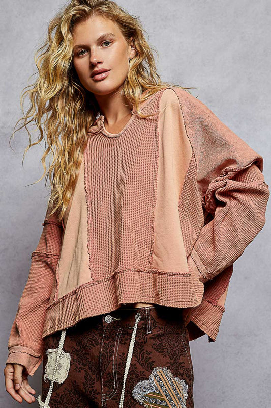 POL RESTING BRICK WAFFLE KNIT TOP