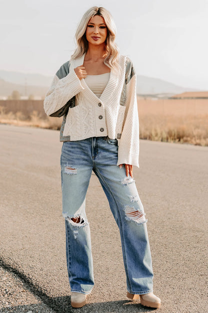 POL LAYER QUILTED CABLE KNIT CARDIGAN (natural/olive