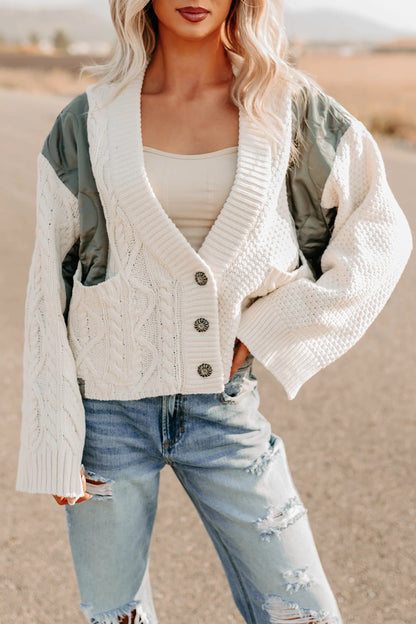 POL LAYER QUILTED CABLE KNIT CARDIGAN (natural/olive