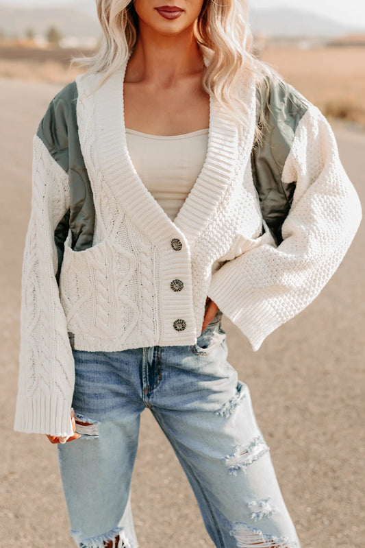 POL LAYER QUILTED CABLE KNIT CARDIGAN (natural/olive